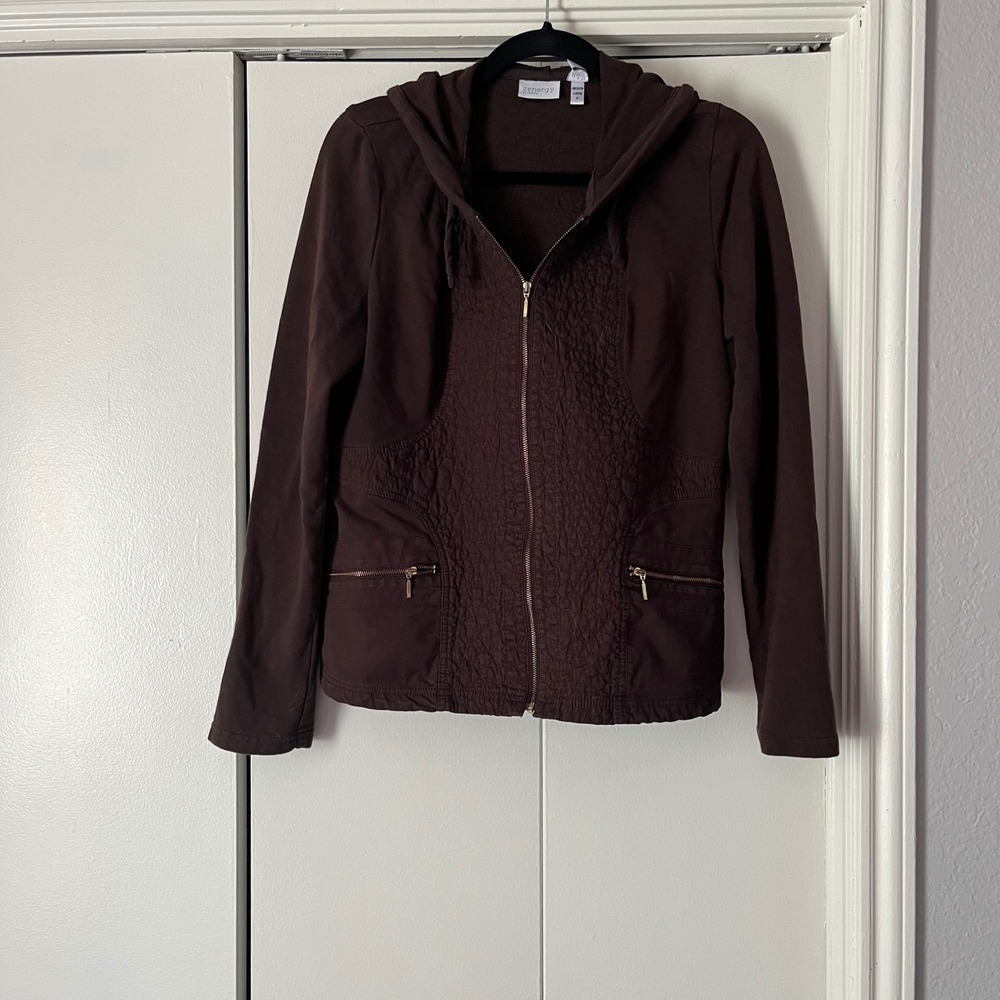 Hoodie Full Zip Jacket Brown Textured Front Pockets‎ Casual Comfort Chicos